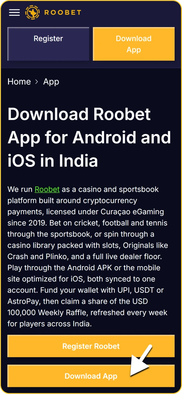 Roobet APK download button on the mobile browser page.
