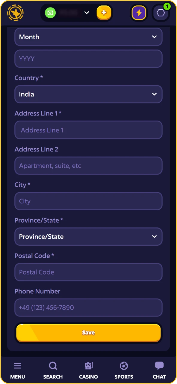 User profile setup page to complete account verification on the Roobet app.