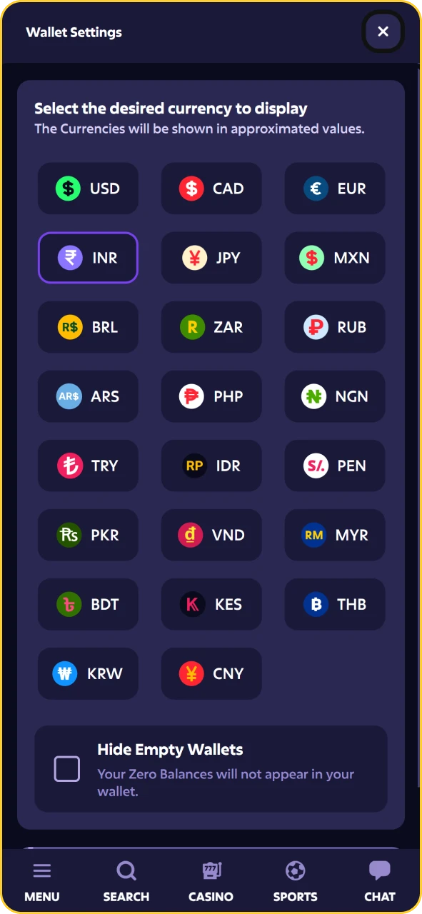 Currency selection menu on Roobet setting INR or crypto as the account currency.