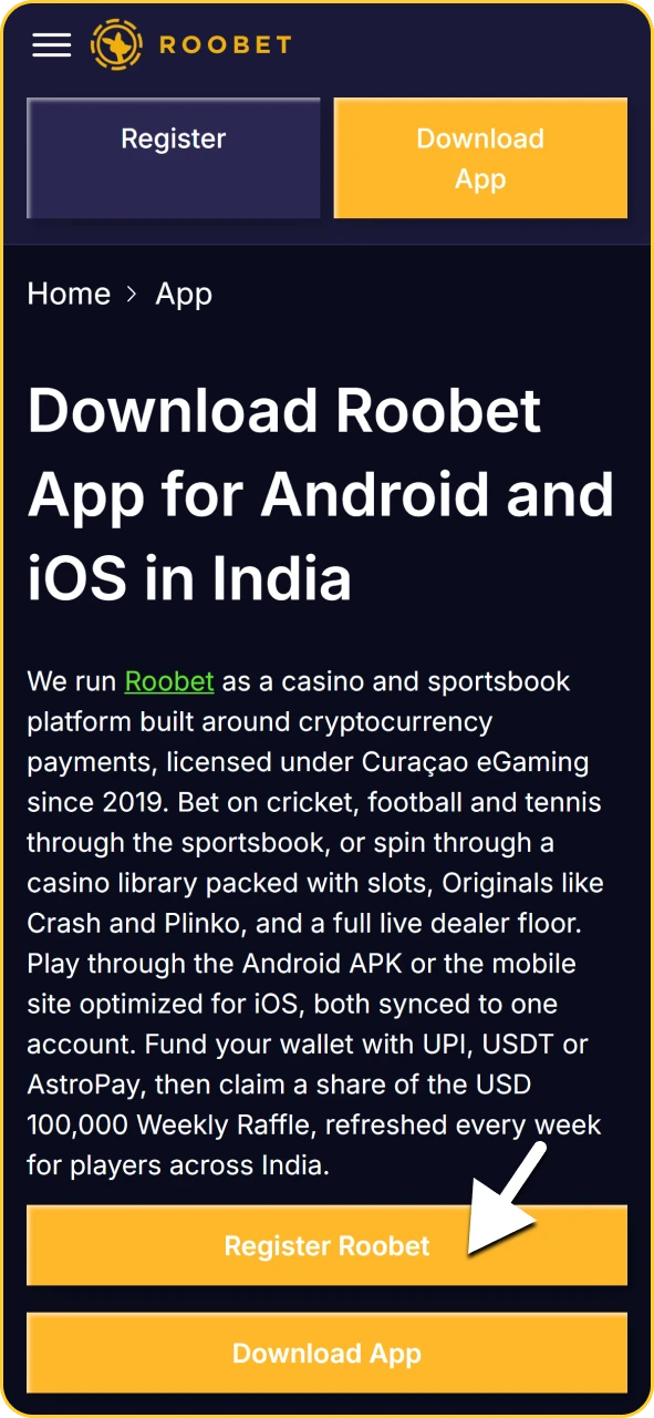 Register button tapped on the Roobet mobile app to begin account creation.