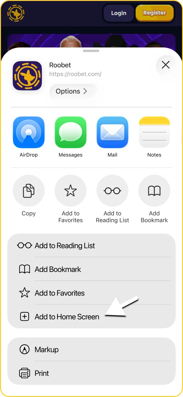 iOS option menu displaying the Add to Home Screen button for Roobet.