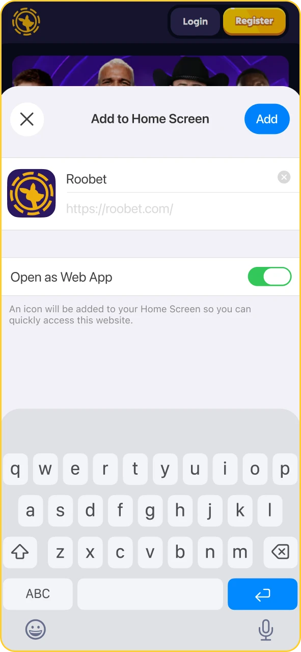 iPhone confirmation screen for saving the Roobet web app shortcut name.