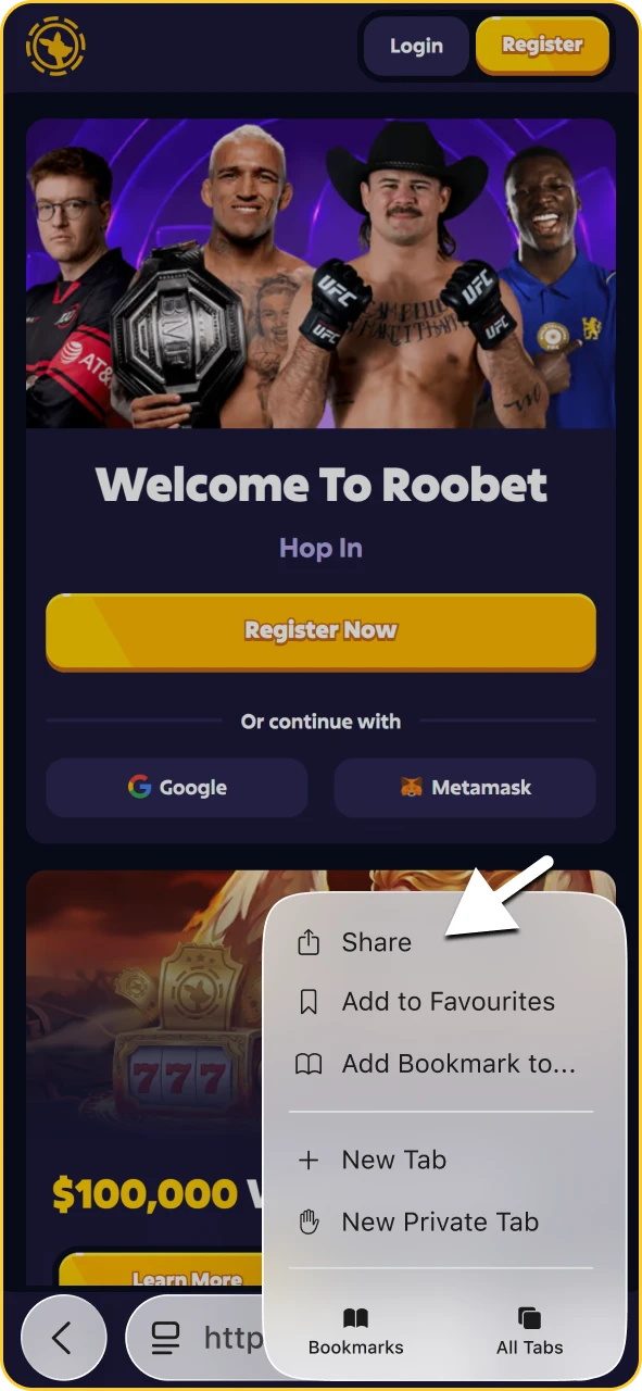 Safari menu on iPhone highlighting the share icon to save Roobet.