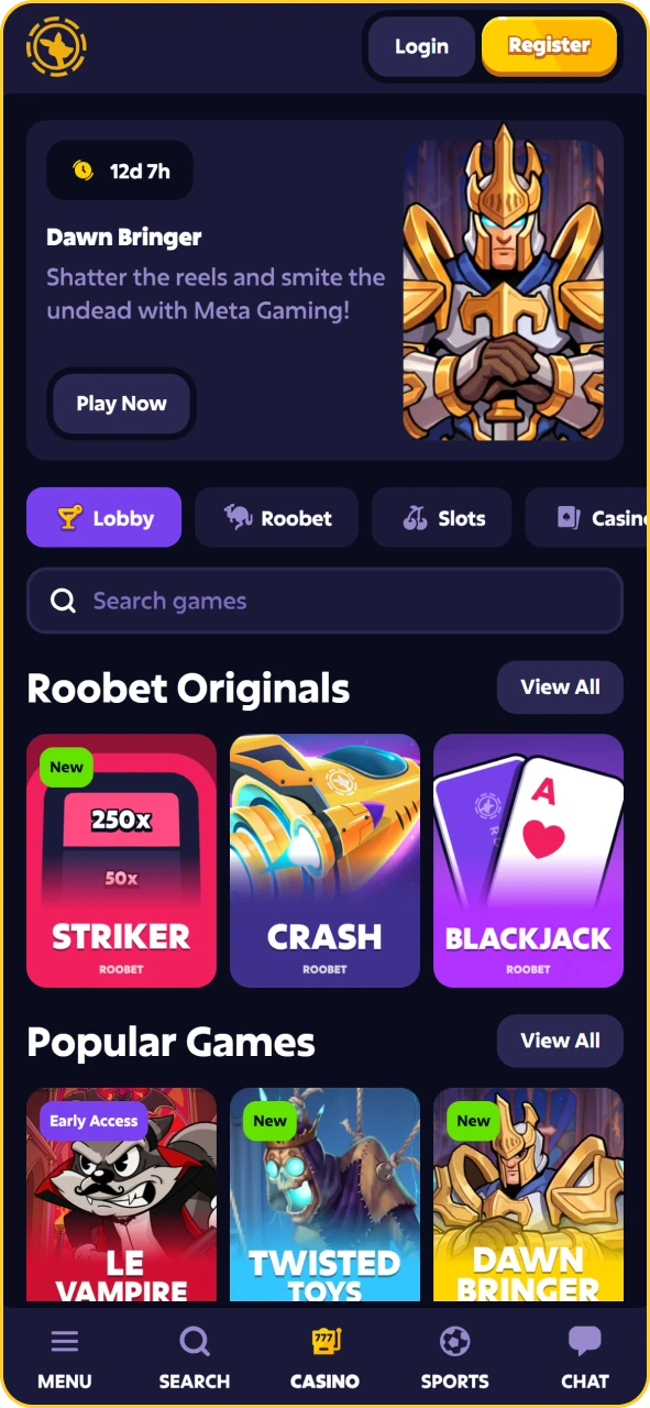 Roobet casino lobby with slots, live tables, and Roobet Originals.