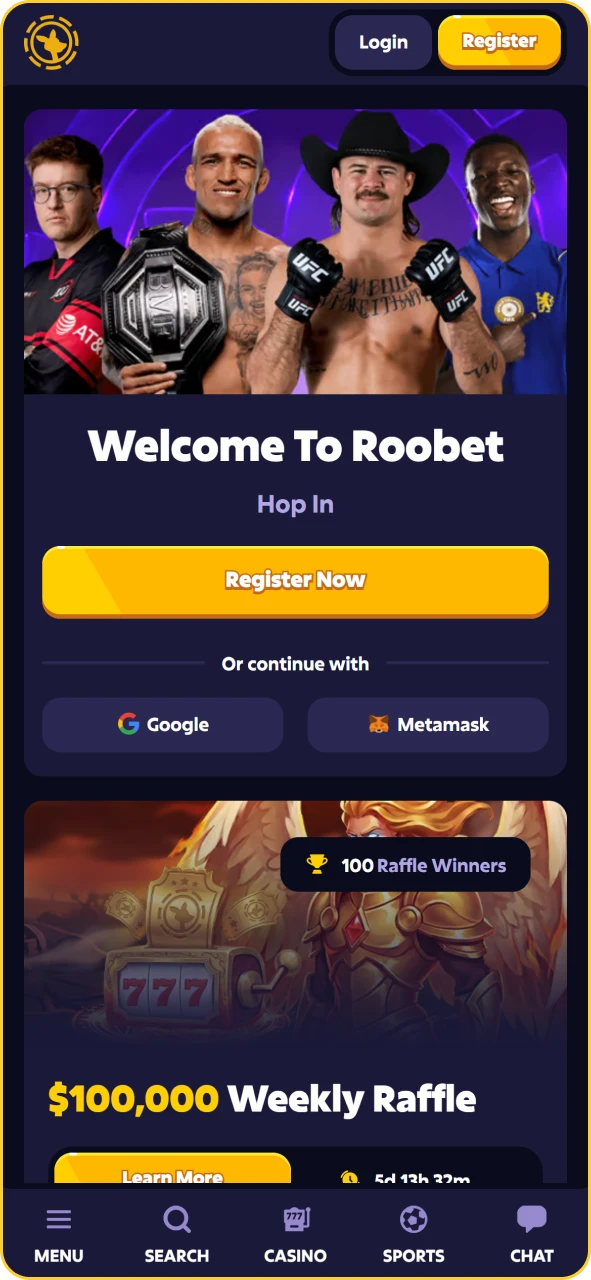 Roobet app main home screen with featured games and navigation menu.