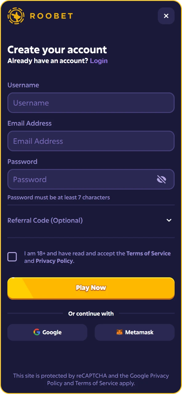 Roobet mobile app sign-up form to create a new user account.