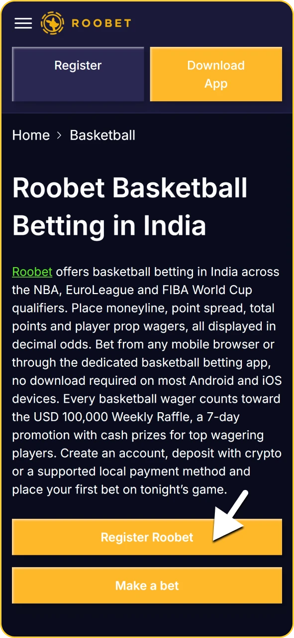 Log-in screen on the Roobet mobile app to access basketball betting.