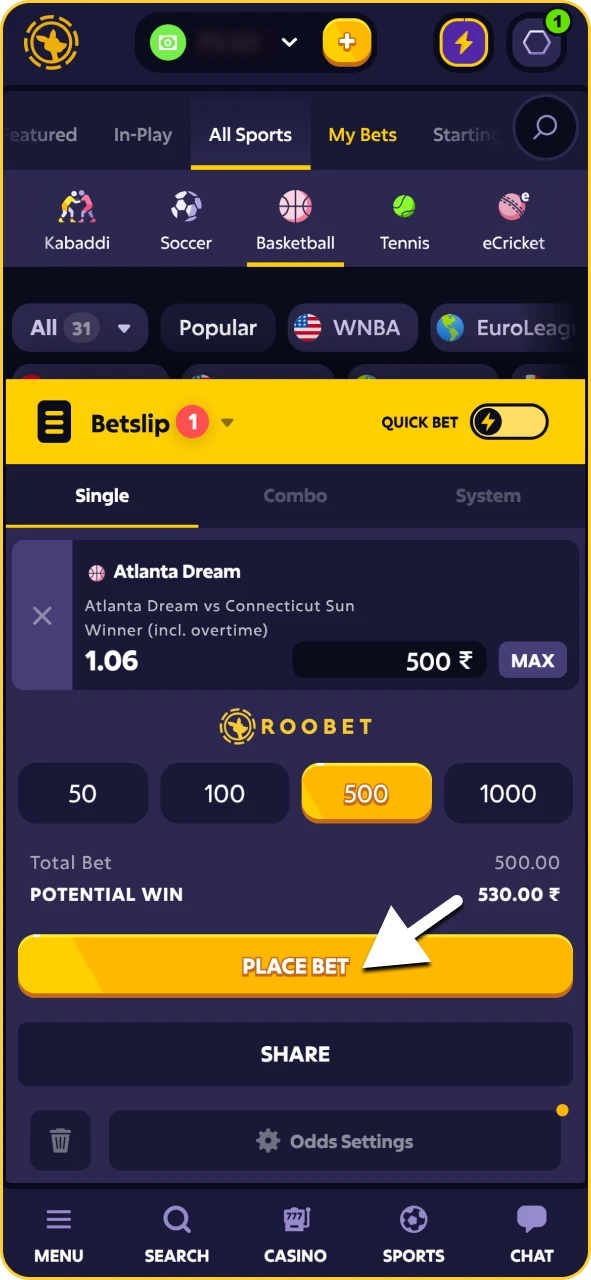 Bet slip on the Roobet app showing stake input and bet confirmation.