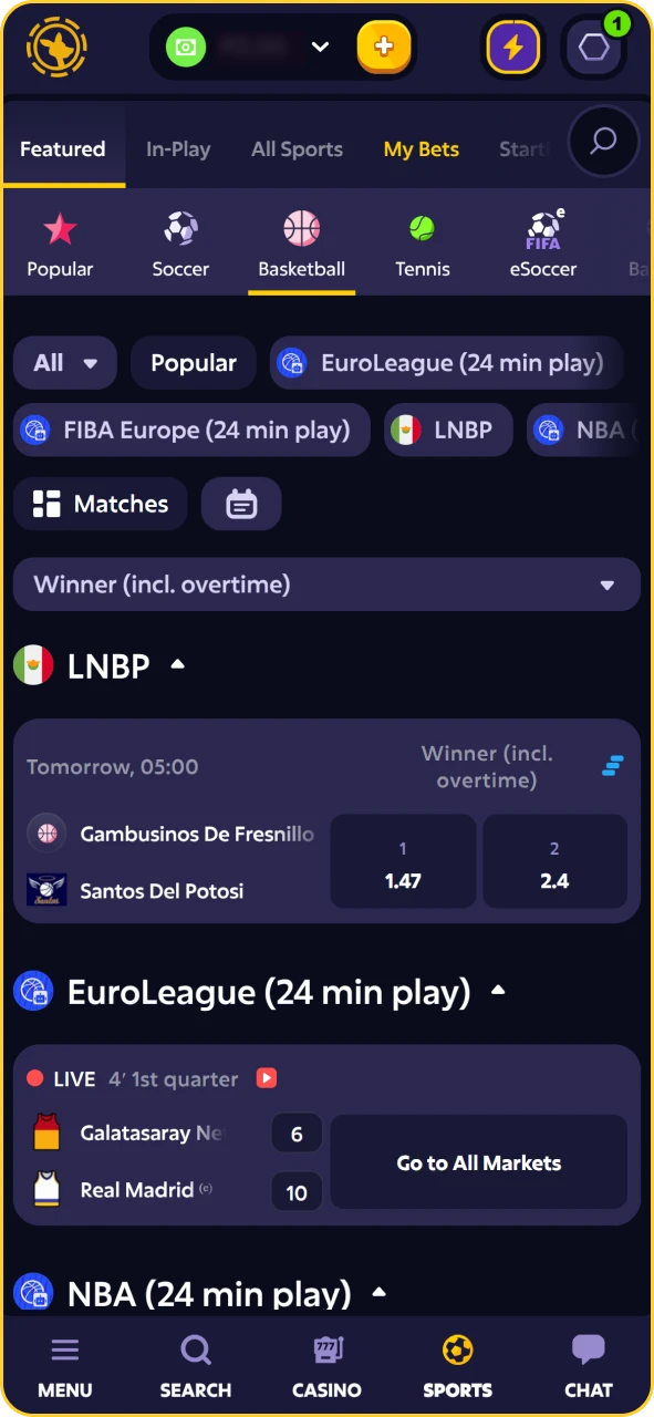 Basketball match menu on Roobet showing point spread and total lines.
