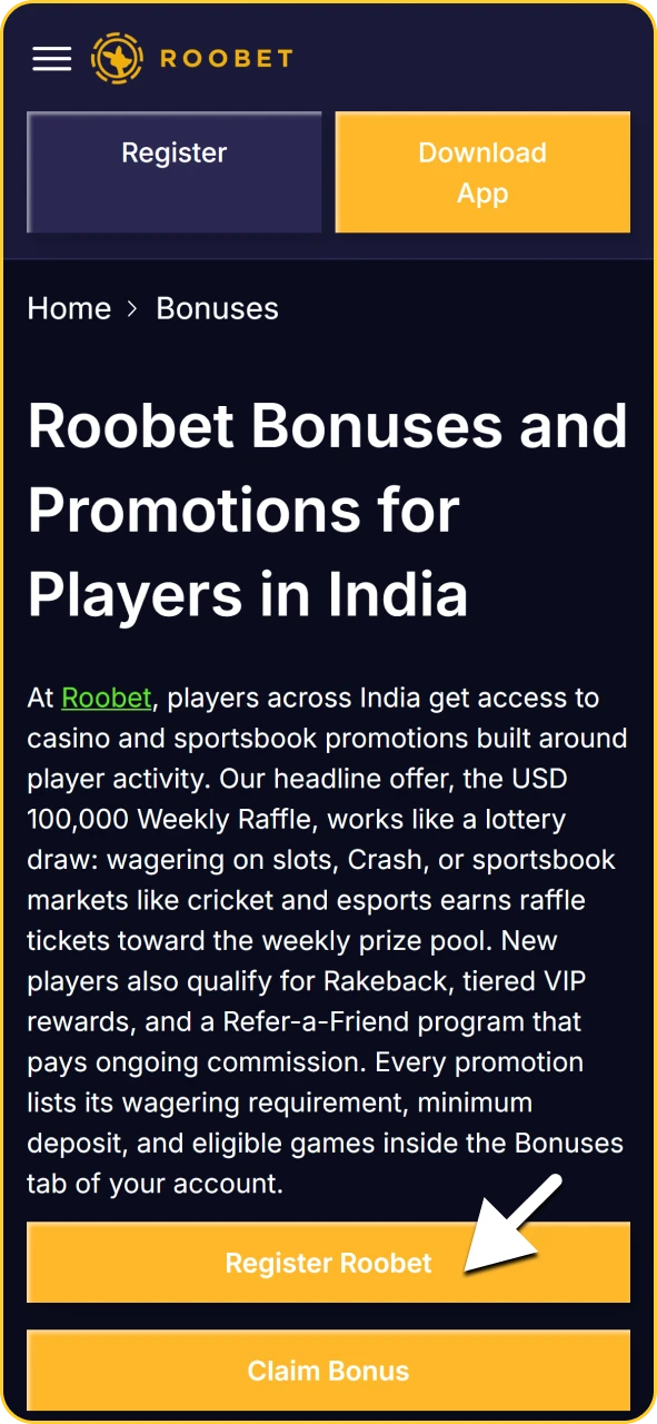 Registration screen in the Roobet app to sign up for a new account.