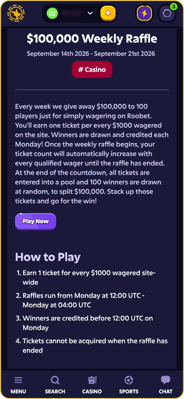 Bonus code input field and claim button inside the Roobet app interface.