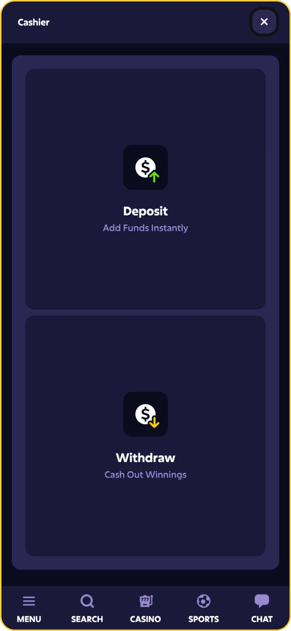 Cashier screen in the Roobet app showing payment options to deposit funds.