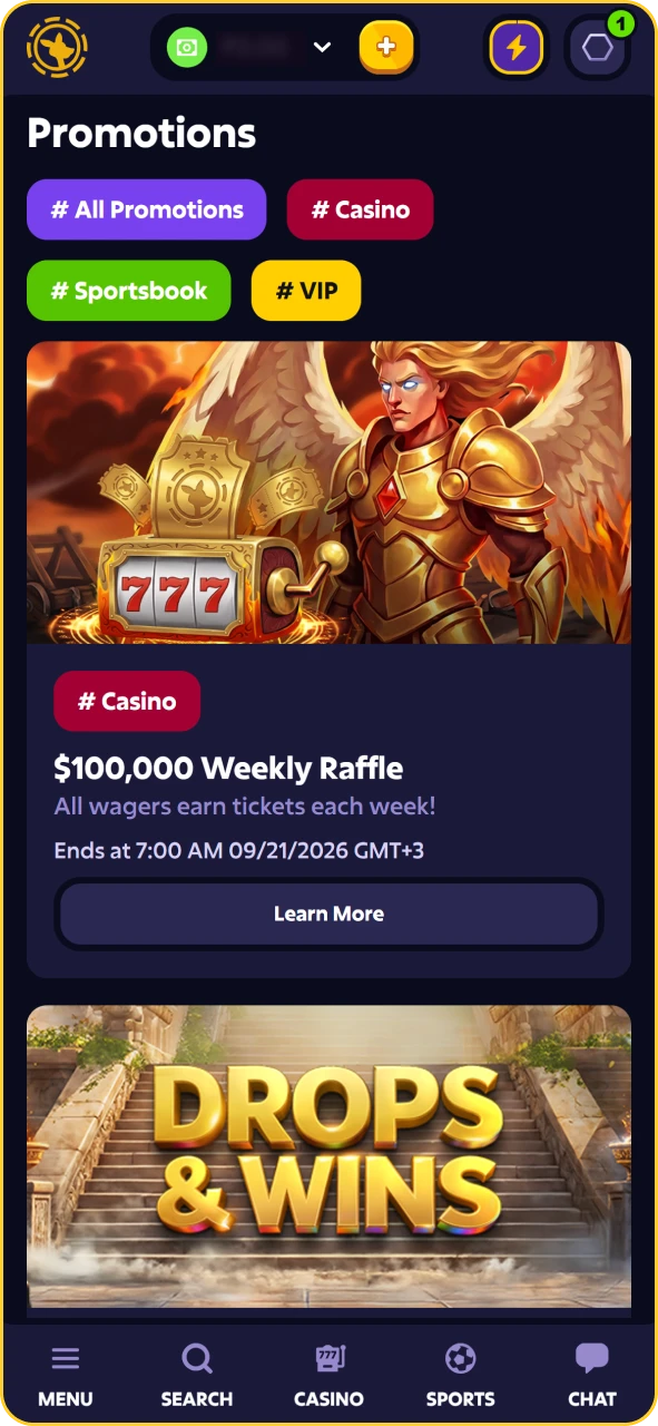 Promotions tab in the Roobet mobile app navigation menu.