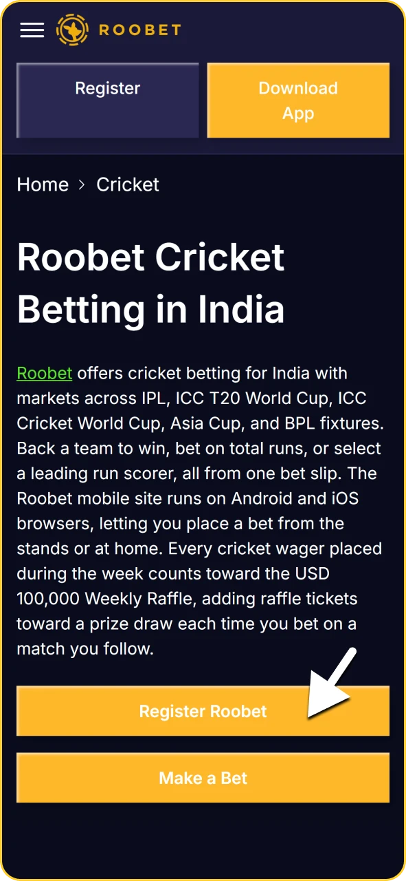 Login screen on the Roobet mobile app to access cricket betting options.