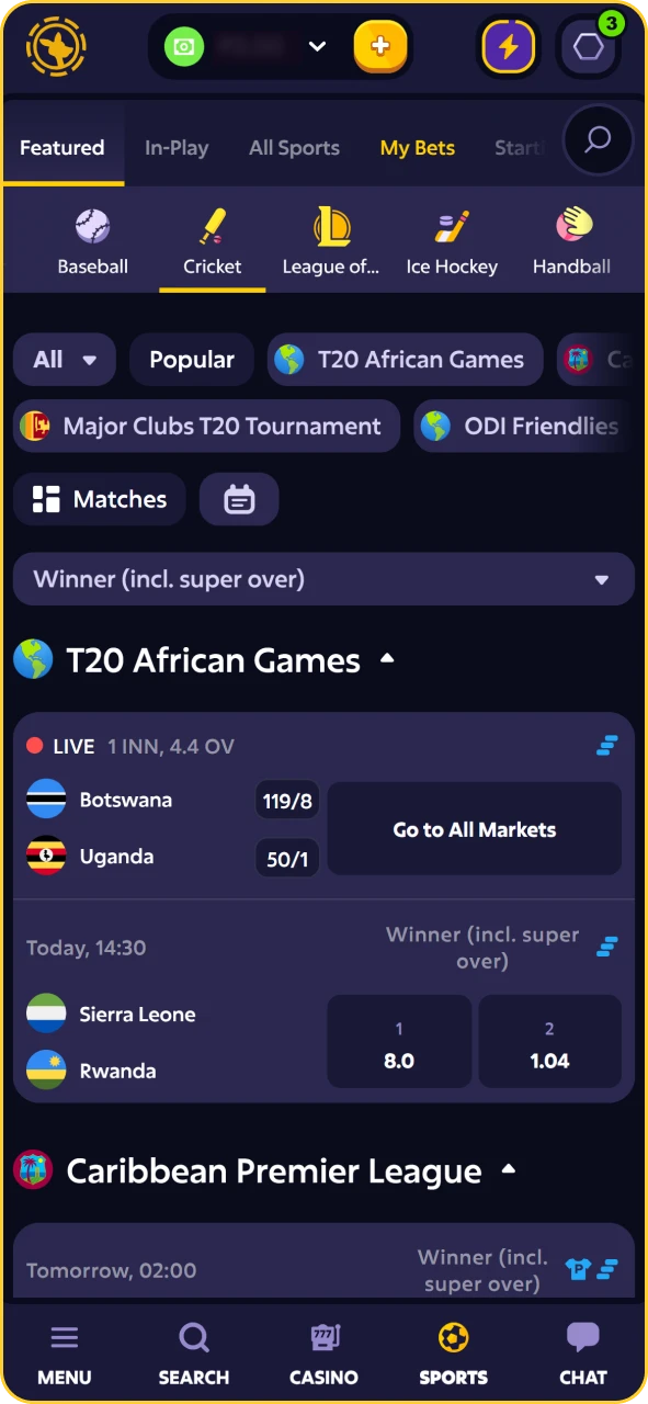 Cricket match selection menu displaying match winner, top batsman, and over/under odds.