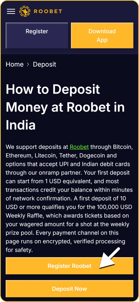 User profile header in the Roobet app with the deposit button highlighted.