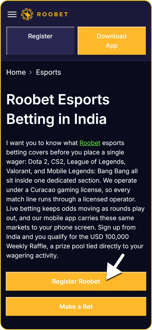 Account registration screen in the Roobet app to sign up and complete verification.