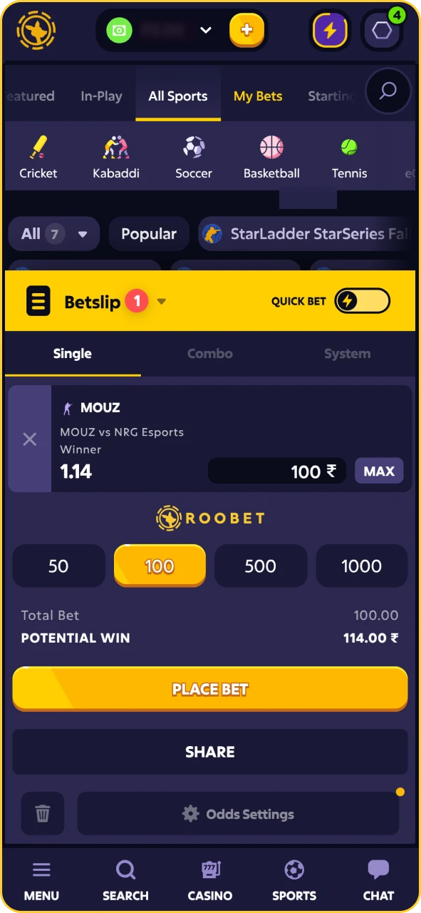 Roobet esports menu showing CS:GO and Dota 2 match lines with bet slip placement.