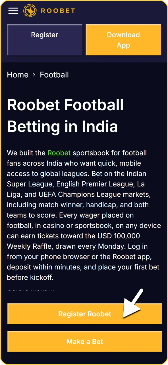 Sign-in screen on the Roobet mobile app to access football betting markets.