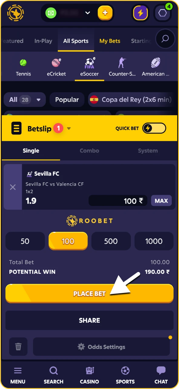 Bet slip on the Roobet app with stake input field and single-click bet placement.