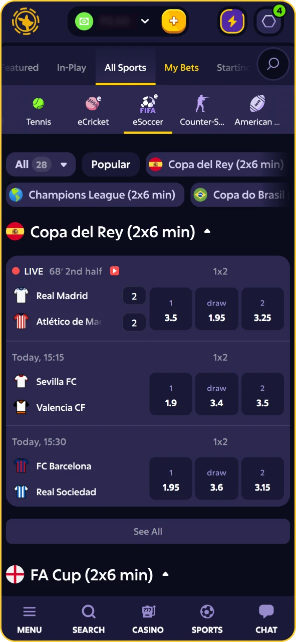 Football match selection interface on Roobet featuring match winner and goal total odds.