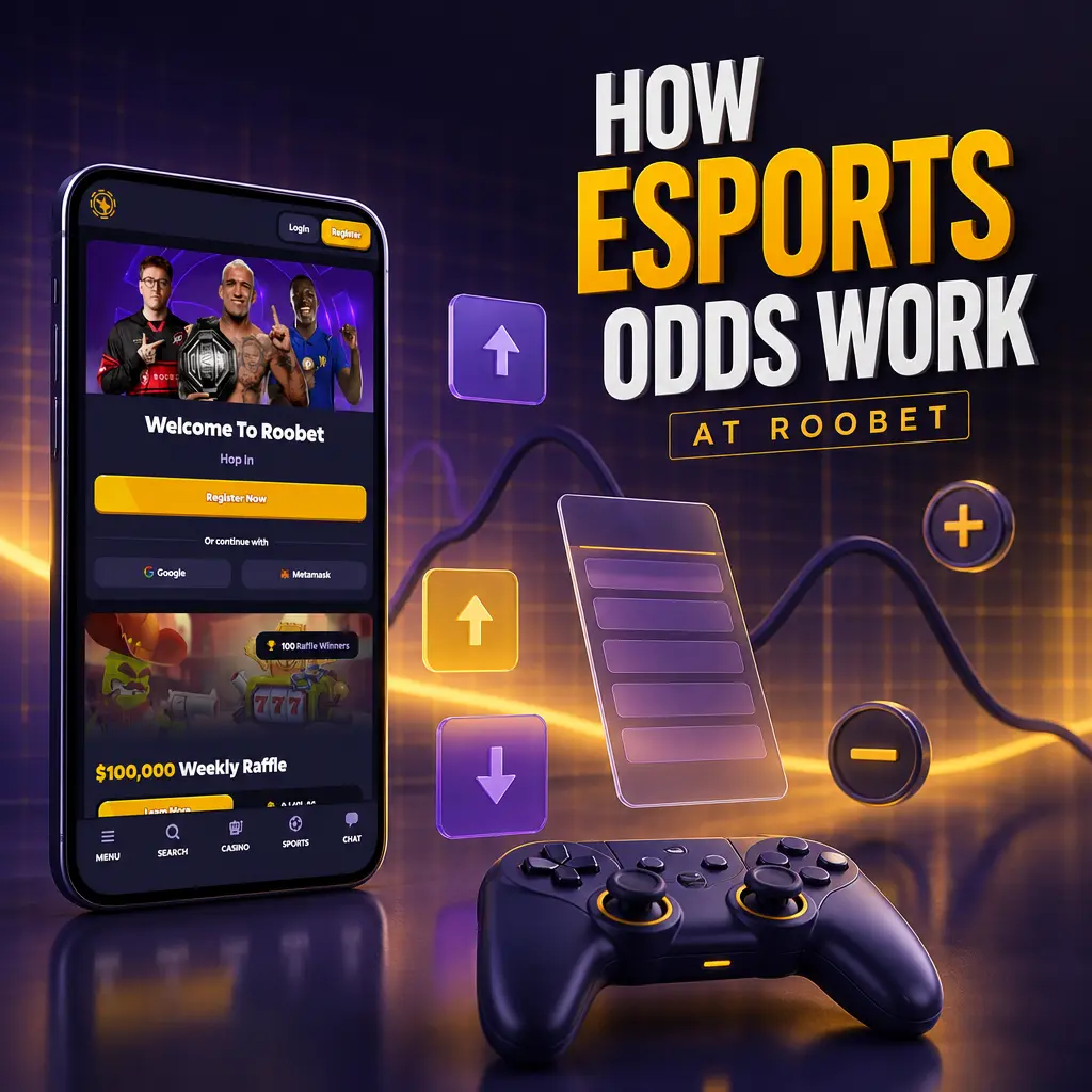 Illustration explaining how decimal esports betting odds work on Roobet, showing stake, payout, and profit calculation