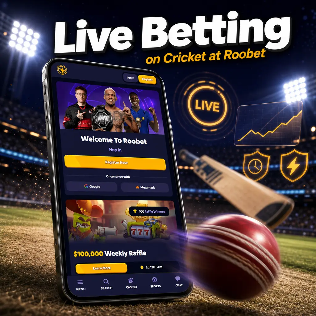 Roobet live cricket betting screen showing real-time odds, match stats, run rate, and cash out option during a match.