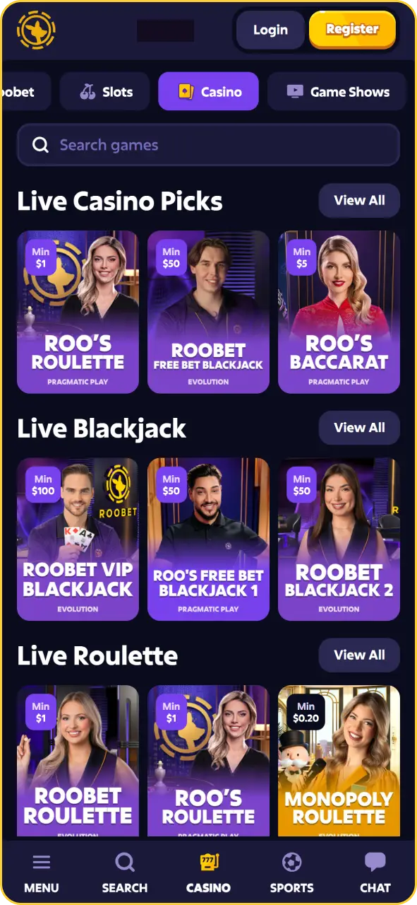 Live dealer blackjack table interface on Roobet with betting options.