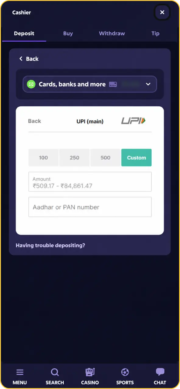 Roobet deposit interface with available payment options to load balance.