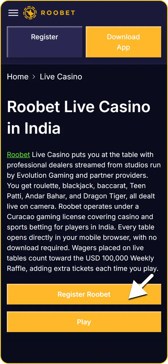 Roobet app account creation and identity verification screen.