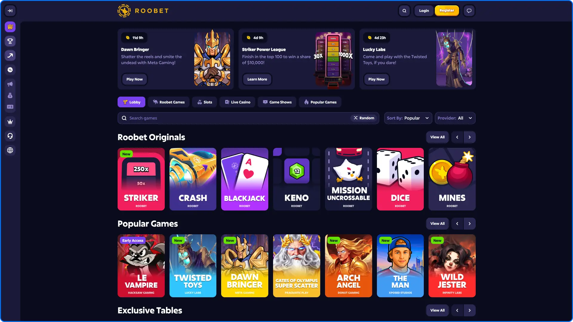 Online casino page on the Roobet website featuring slots and live dealer games.