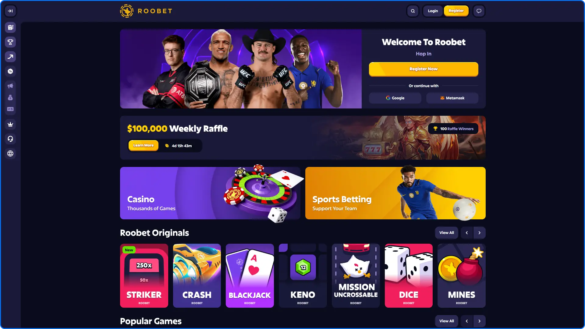 Main web interface of the Roobet website with game lobby layout and navigation menu.