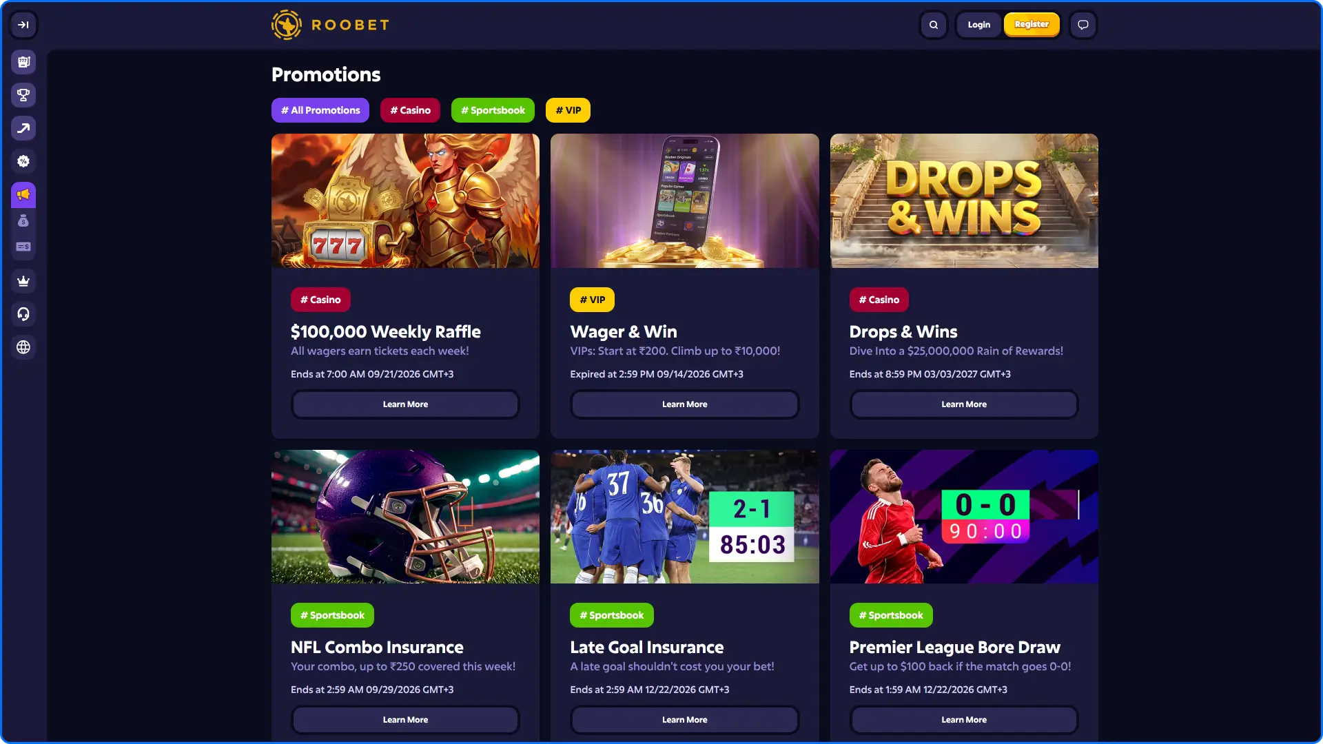Promotions menu on the Roobet website showing current bonuses and VIP offers.