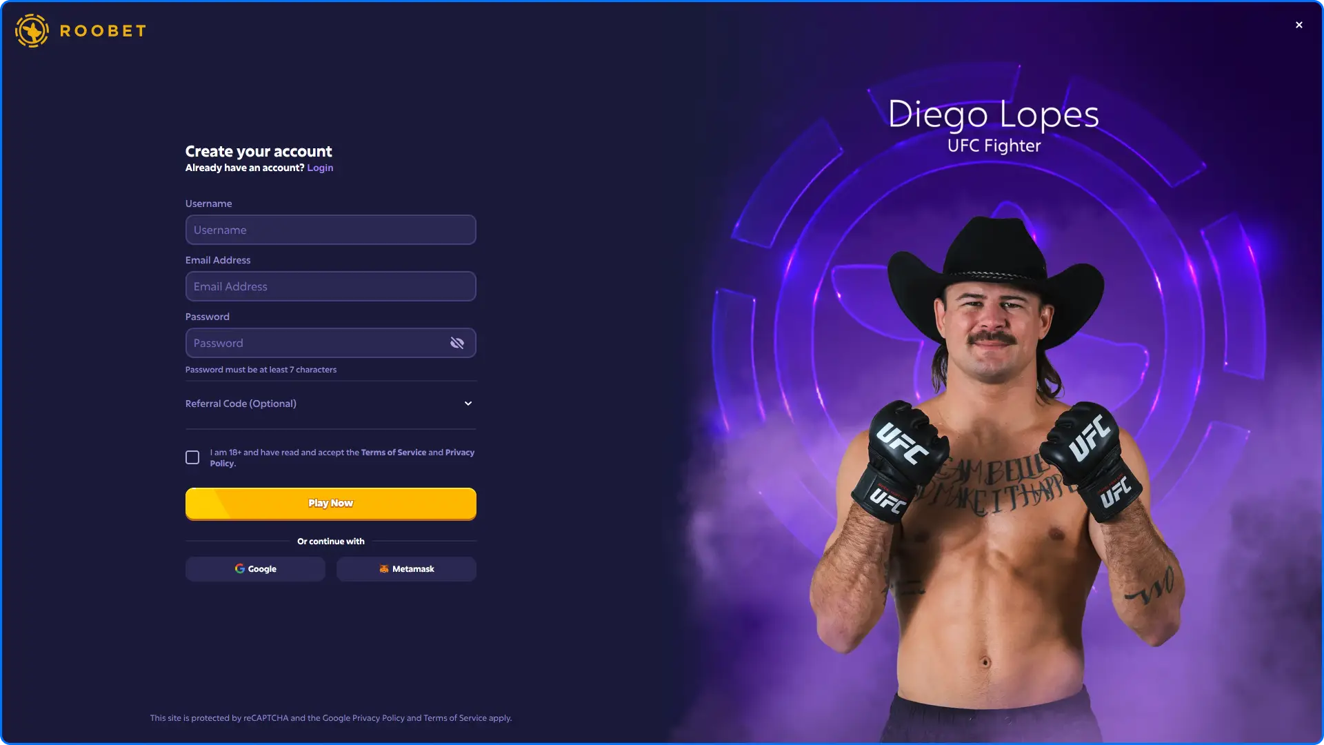 User account registration pop-up form on the Roobet desktop website.