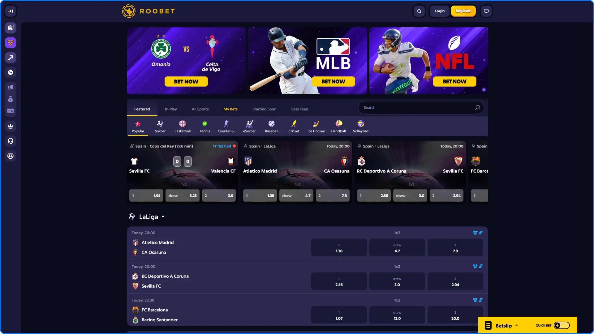 Roobet website sportsbook section displaying live odds and match categories.