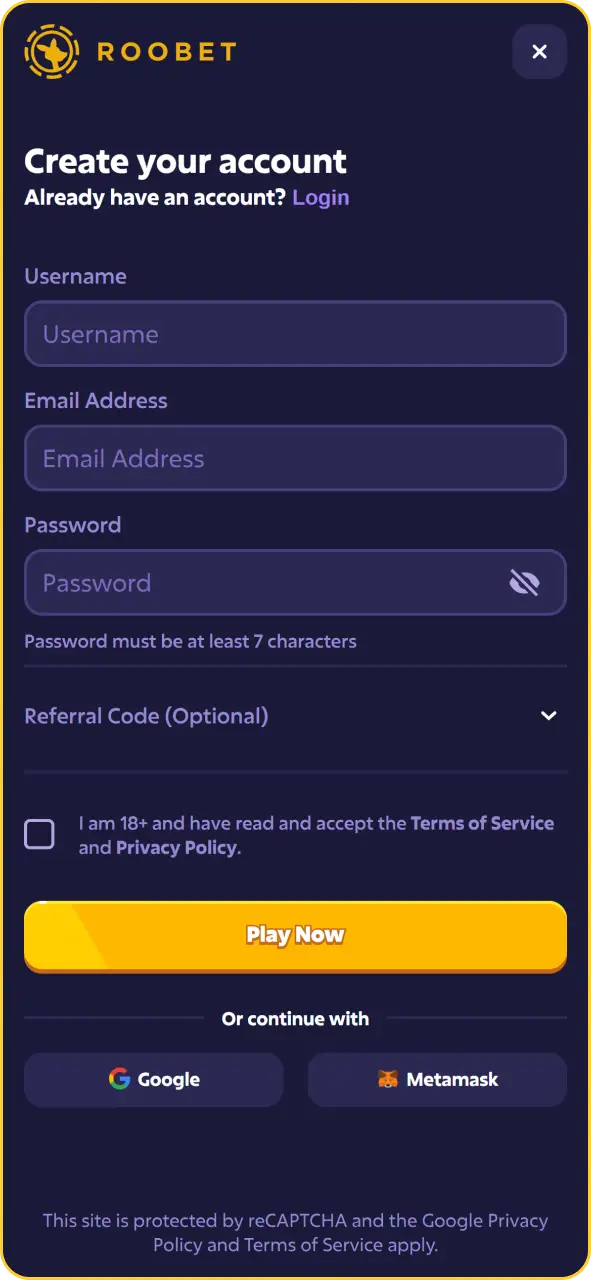 Registration form in the Roobet app with fields for account credentials and personal details.