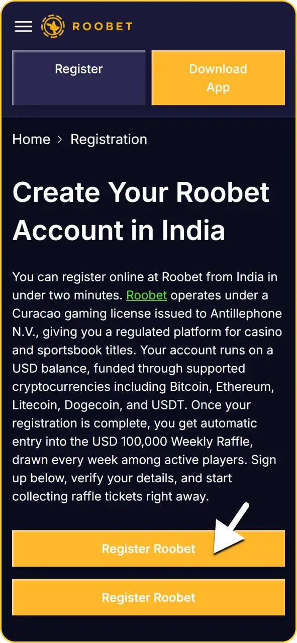 Sign-up button on the Roobet mobile app home screen leading to the registration form.