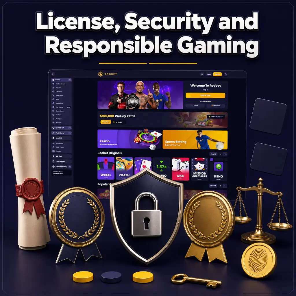 Roobet's Curacao license, 256-bit SSL encryption, 2FA security, and responsible gaming tools like deposit limits and self-exclusion options