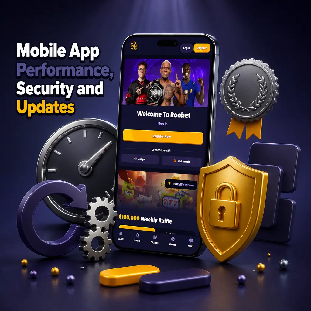 Roobet mobile app showing fast-loading casino and sportsbook with SSL encryption, 2FA security, and live odds updates