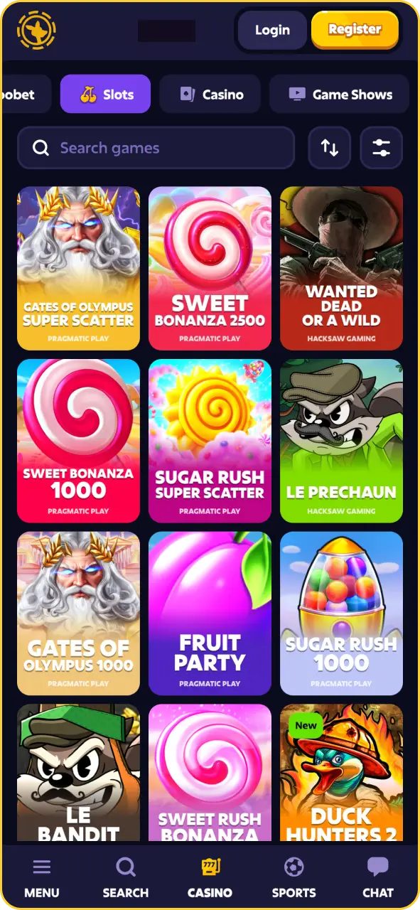 Online slot game screen in the Roobet app with the spin button highlighted.