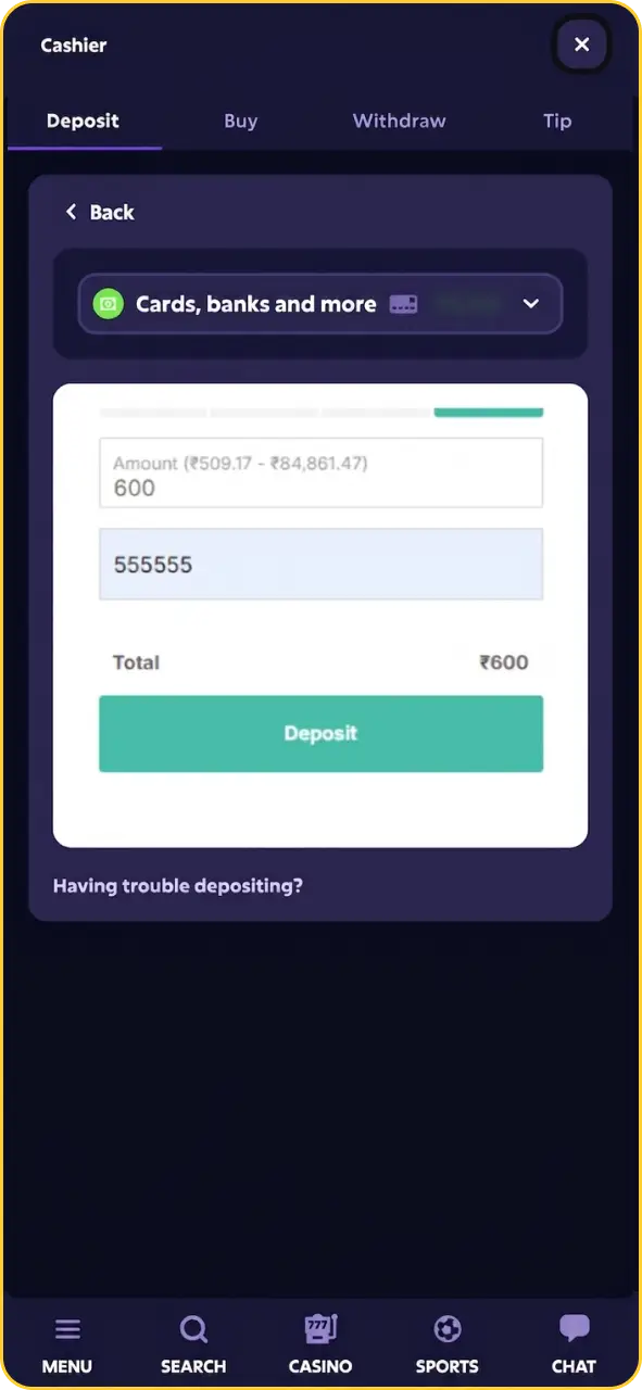 Cashier interface in the Roobet app showing deposit methods to load funds.