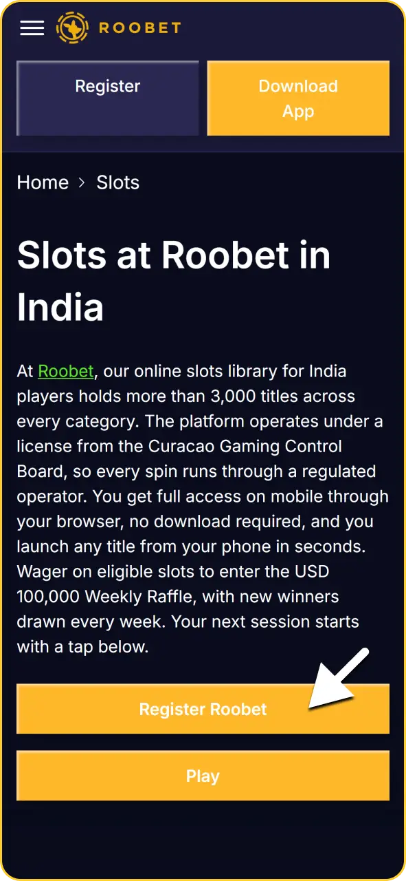 Account creation pop-up on the Roobet app for new player registration.