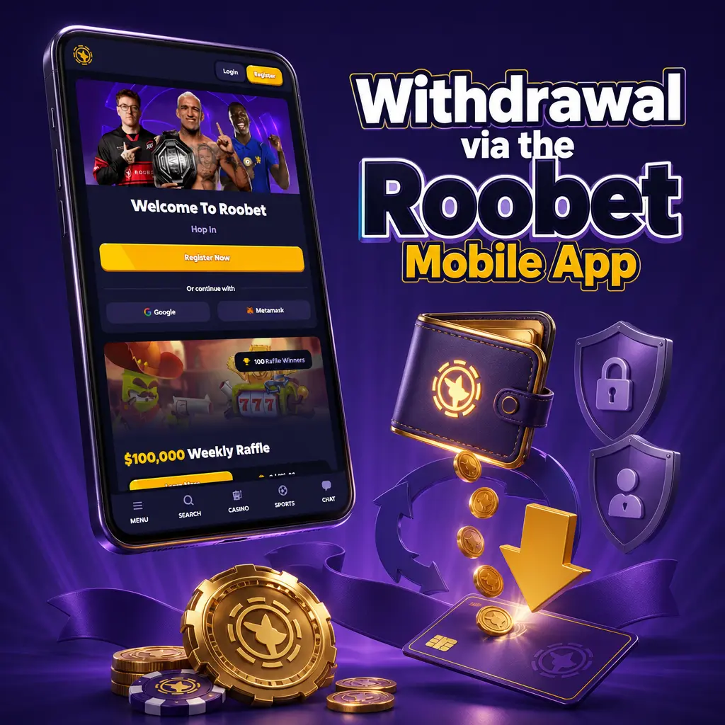 Screenshot showing how to withdraw funds via the Roobet mobile app using the Wallet menu and browser.